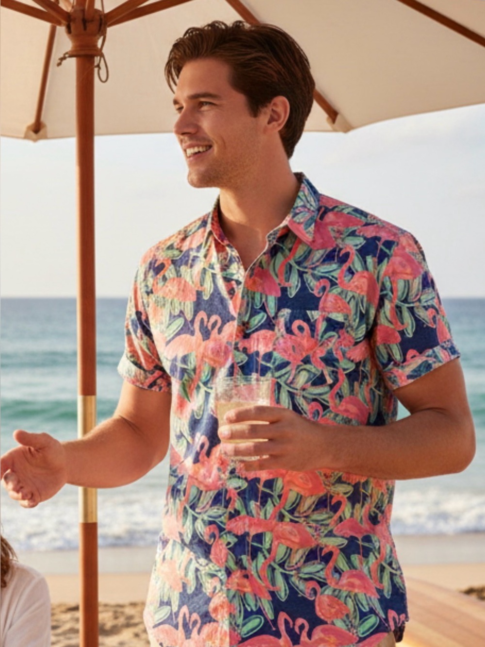Chubbies “The Weekend Flamingo”Tropical Partial Button-Up Shirt in Pink & Navy